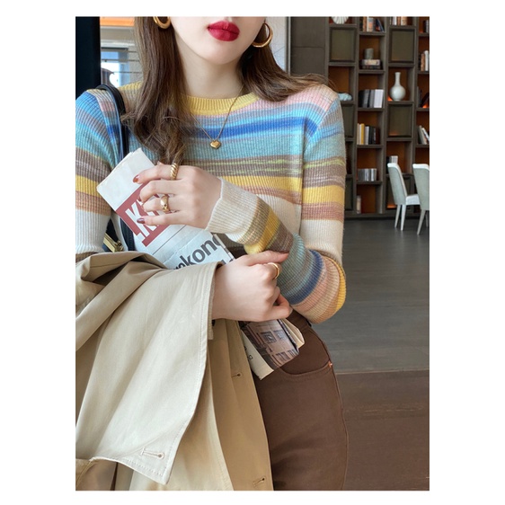 Áo sweater Dệt Kim Mỏng Tay Dài Dáng Ôm Họa Tiết Kẻ Sọc Ngang Màu Cầu Vồng Thời Trang Mùa Thu Mới Cho Nữ
