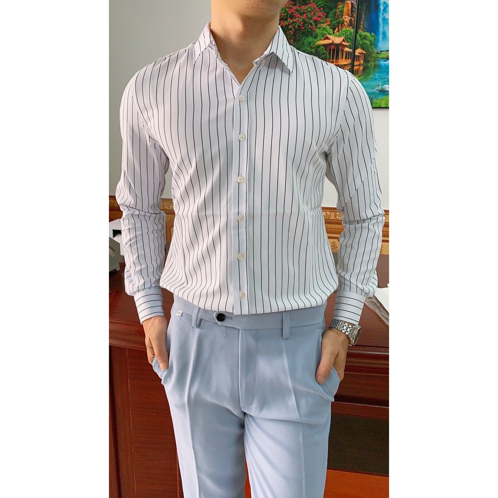 Áo Sơ Mi - Áo Sơ mi Nam kẻ - Chất liệu lụa cao cấp, chất vải mềm mịn, dáng slimfit trẻ