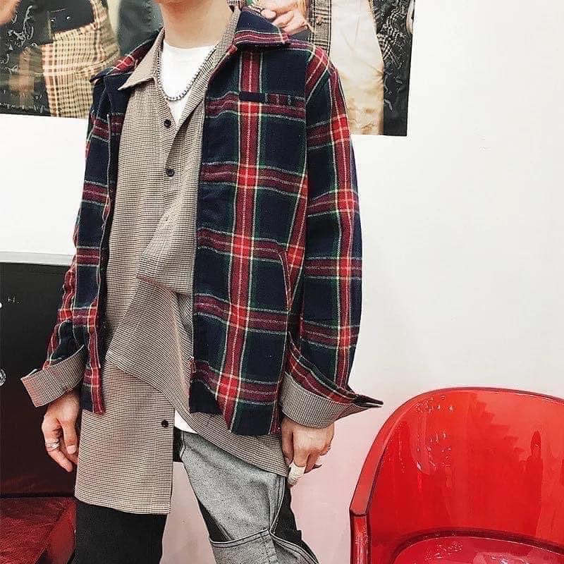 &lt;&lt;Có sẵn&gt;&gt; Áo khoác kaki họa tiết caro kẻ tay dài phong cách Hàn Quốc dành cho nam nữ unisex cá tính streetstyle