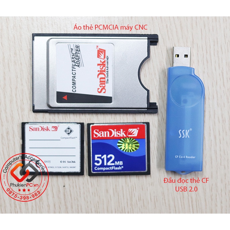 Combo Thẻ nhớ CF Card 512Mb, vỏ thẻ PCMCIA 68 chân, đầu đọc thẻ nhớ CF USB chuyên dụng