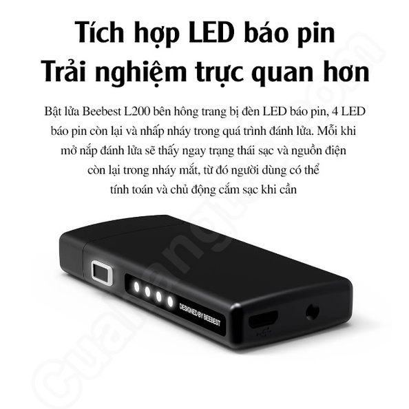 Quẹt điện plasma Beebest L200 chống gió có đèn led hiển thị ,Pin 230mAh . Sạc điện cổng type-c tiện lợi