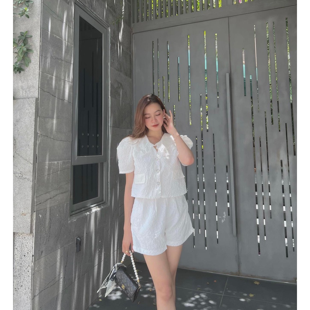 [HÀNG THIẾT KẾ CAO CẤP] Set Xốp Cổ Ren + Quần Short Thoải Mái Mặc Nhà / Đi Biển Màu Trắng / Xanh