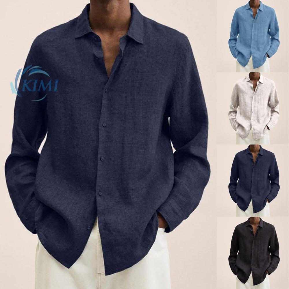 KIMI-Mens Long Sleeve Soild Buttons Cotton Linen Casual Loose Tops Shirt Plus Size