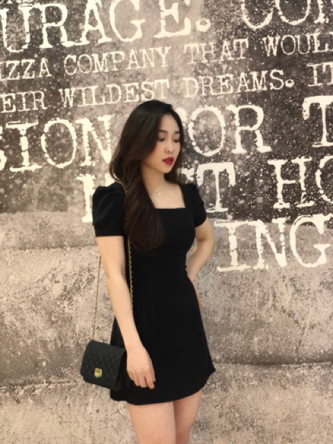 Váy BIGSIZE - Váy suông đen cổ vuông chất tằm đũi Hàn