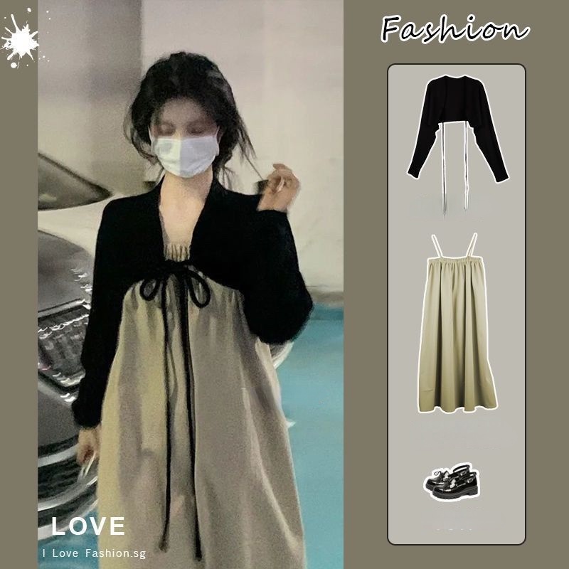 AMOI Set Đầm Hai Dây Và Áo Khoác Cardigan Chống Nắng Thời Trang 2022 Cho Nữ