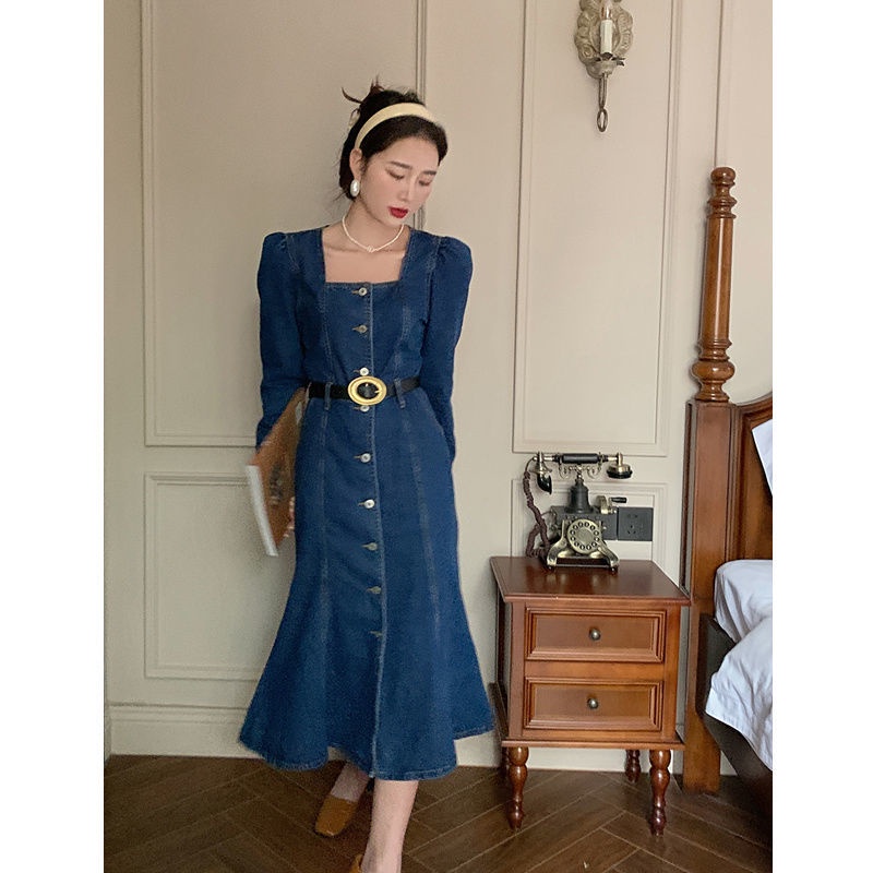 Đầm Denim Tay Dài Cổ Vuông Màu Trơn Phong Cách Hong Kong Thời Trang Mới Cho Nữ