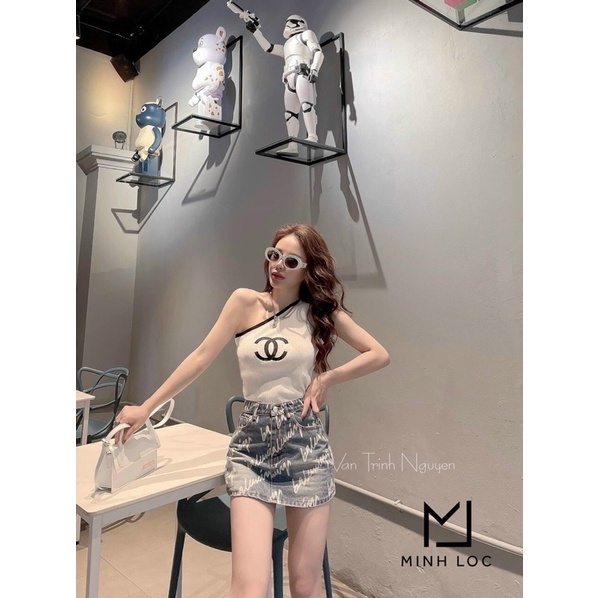 Áo thun gân len logo thêu lệch vai, áo lệch vai 🐝🐝🐝UK alohashop91