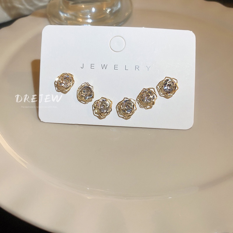 DREJEW Set 6 khuyên tai kiểu bông hoa đính đá zircon thời trang Hàn Quốc dành cho nữ