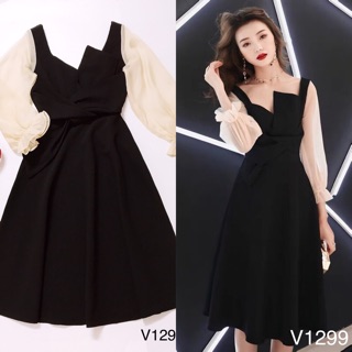 Váy suông đen phối tay tơ V1299 - DVC thời trang thiết kế cao cấp (kèm ảnh sàn do shop tự chụp)