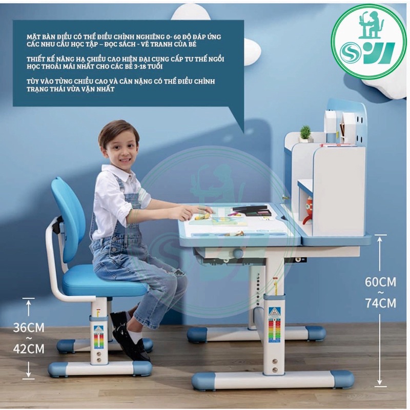 Bộ Bàn và ghế học sinh A16  thông minh cho bé chống cận chống gù thay đổi chiều cao tiện lợi kèm kệ sách và ngăn kéo