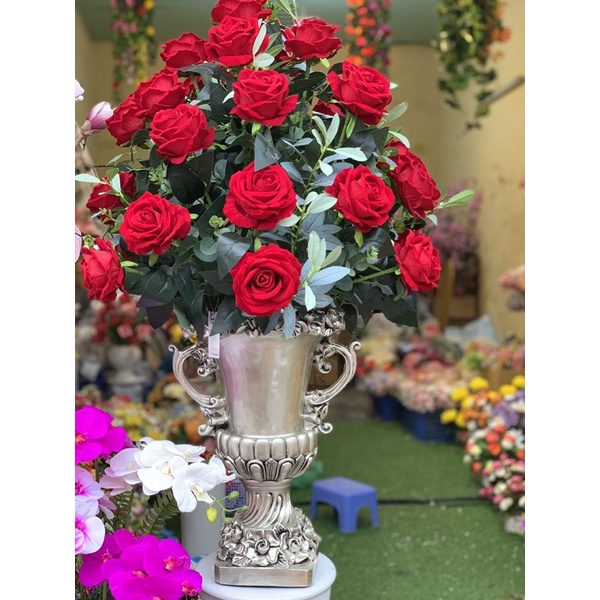 Bình Hoa hồng giả,hoa lụa chất liệu nhung tươi tắn giống thật, trang trí nội thất,phòng ngủ,phòng khách,làm quà tặng