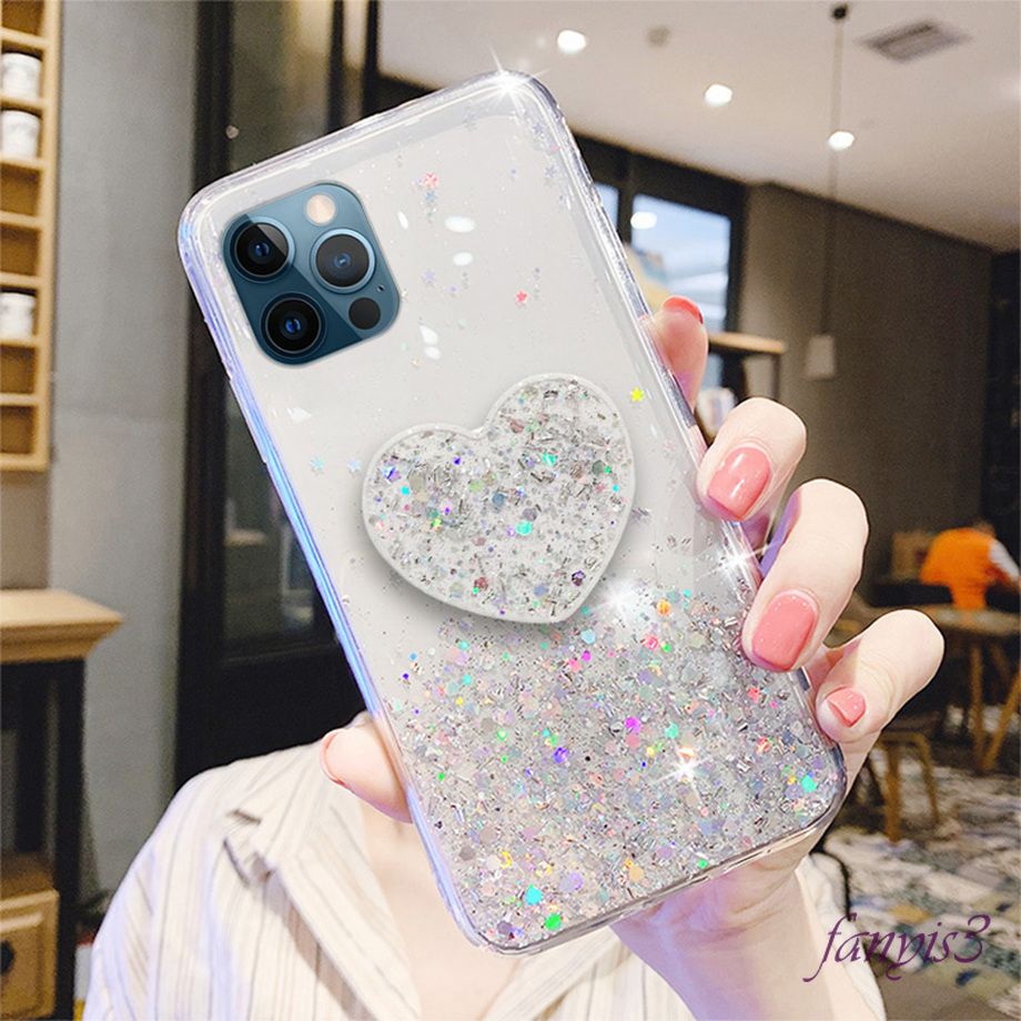 Ốp điện thoại silicon mềm phối kim tuyến kèm giá đỡ hình trái tim cho iPhone 12 Mini 12 11 Pro Max 7 8 Plus SE 2020 | BigBuy360 - bigbuy360.vn