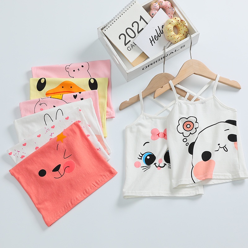 Áo Hai Dây Sát Nách Chất Liệu Cotton Co Giãn In Họa Tiết Hoạt Hình 90-140cm Cho Bé Gái
