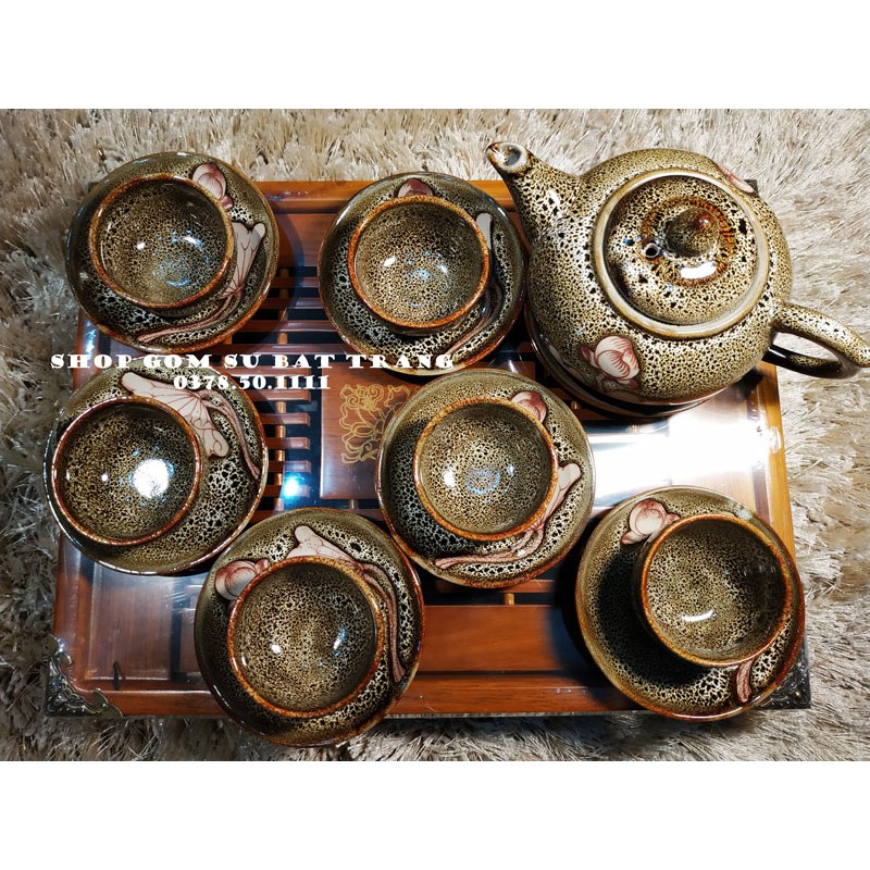 Bộ ấm chén men hỏa biến vẽ sen S13
