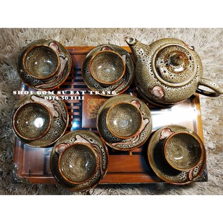 Bộ ấm chén men hỏa biến vẽ sen S13