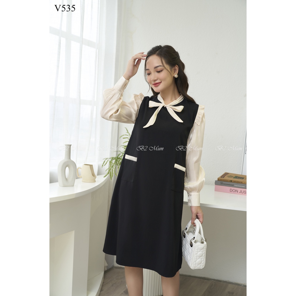 V535 Váy nơ cổ 2 túi đen