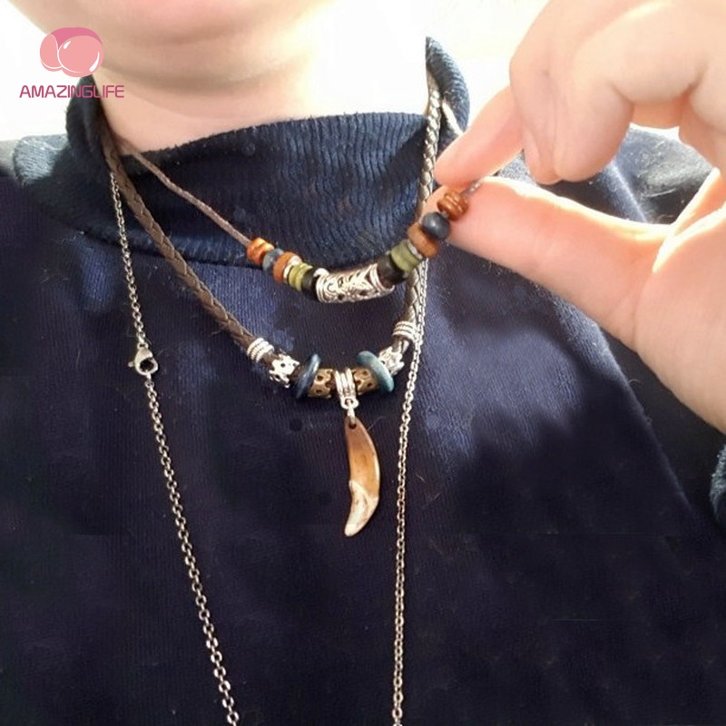Vòng cổ Da PU Nhiều Lớp Mặt Răng Sói Phong Cách Bohemian Thời Trang
