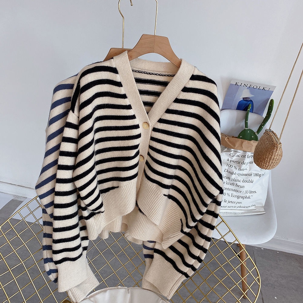 Áo Khoác Cardigan Len Dệt Kim Cổ Chữ V Dáng Rộng Mềm Mại Họa Tiết Kẻ Sọc Phong Cách Hàn Quốc Dành Cho Nữ
