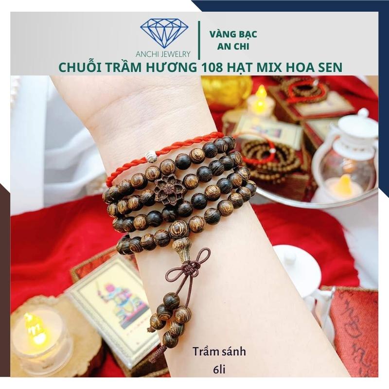 Vòng tay trầm hương 108 hạt mix charm hoa sen bạc cho nữ - size 6 8mm, Anchi jewelry