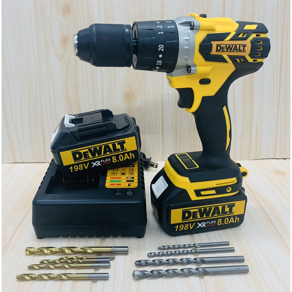 Máy khoan pin 198V Dewalt 3 chức năng có búa - Động cơ không chổi than siêu mạnh mẽ - Tặng kèm 10 mũi khoan cao cấp