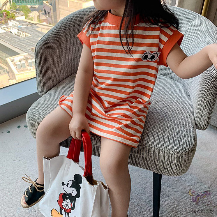 Đầm Ngắn Tay Kẻ Sọc Phong Cách Hàn Quốc Thời Trang Mùa Hè Cho Bé Gái