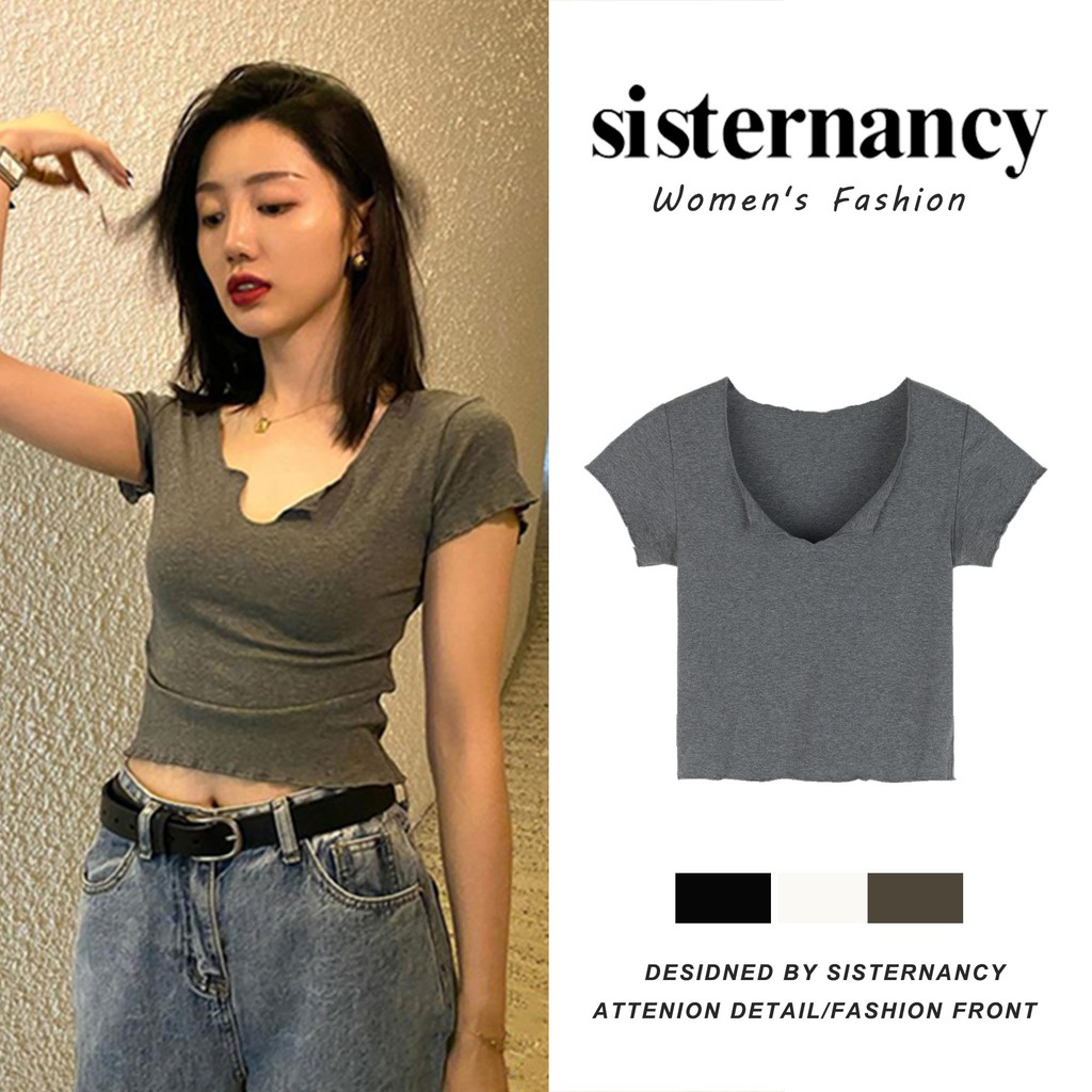 COZOK Áo thun croptop COZOK ngắn tay cổ chữ V thời trang cho nữ