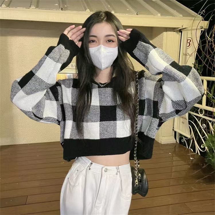 Áo Len Tay Dài Họa Tiết Sọc Caro Phong Cách Retro Hàn Quốc