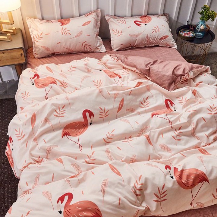 Bộ chăn ga gối drap giường chất cotton poly họa tiết hạc hồng