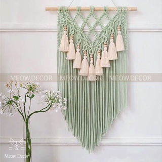 Mành macrame xanh lá tua rua trắng siêu xinh treo tường trang trí phòng ngủ, homestay, quán cafe (W48)