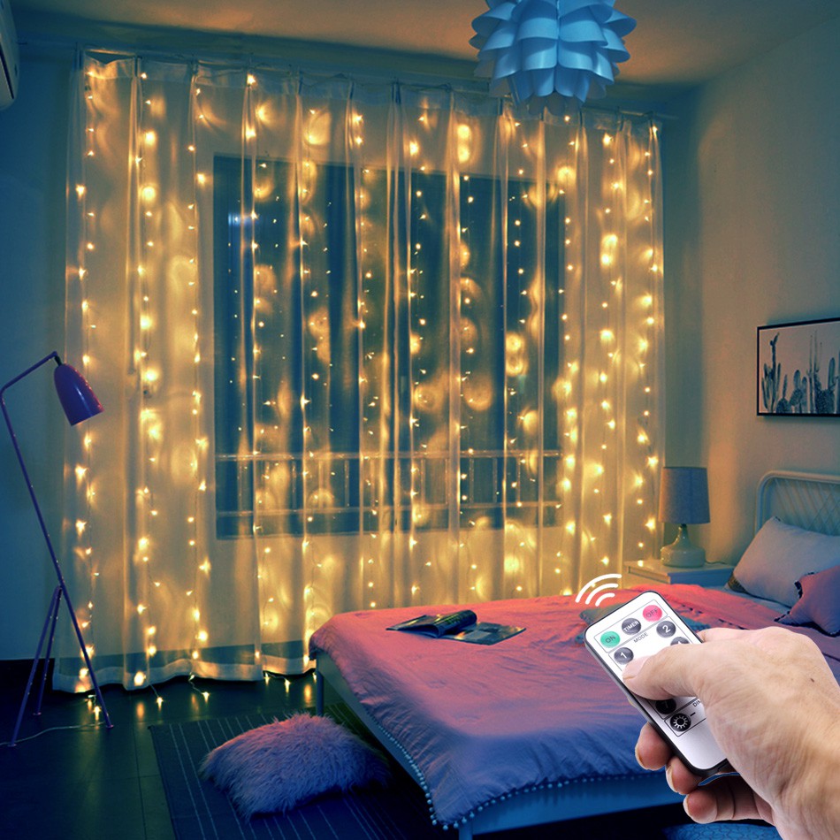 Remote Control LED Window Curtain String Lights/Christmas Wedding New Year 8 Modes Fairy Lights Garland/Home Bedroom Decor Holiday Decorations USB Strip Lighting