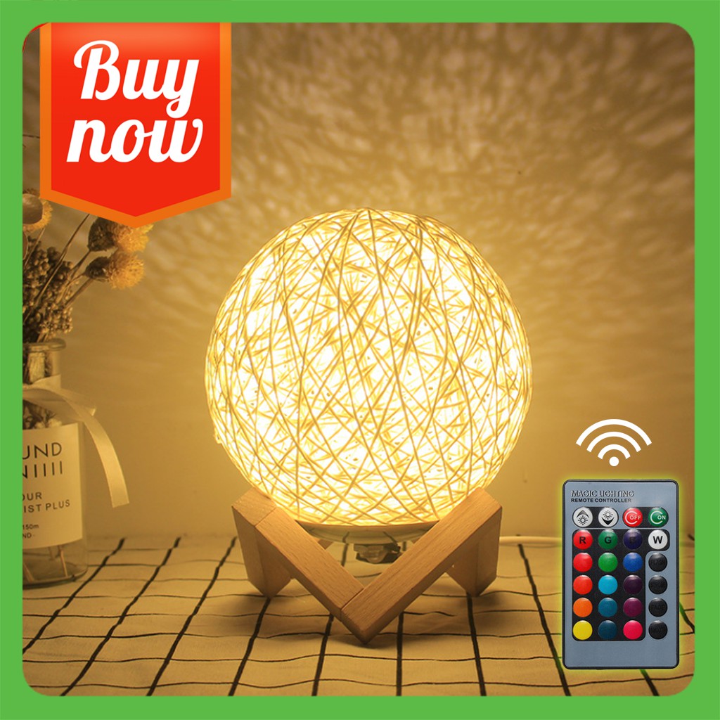 Đèn Ngủ Trang Trí Hình Quả Cầu Mây Tre 15cm [ ảnh thật có điều khiển từ xa ] Cho Phòng Ngủ, Quán Cafe, Shop
