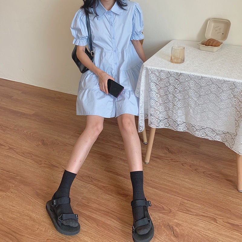 Đầm Tay Phồng Dáng Rộng Màu Xanh Dương Phong Cách Sinh Viên Cho Nữ Sinh