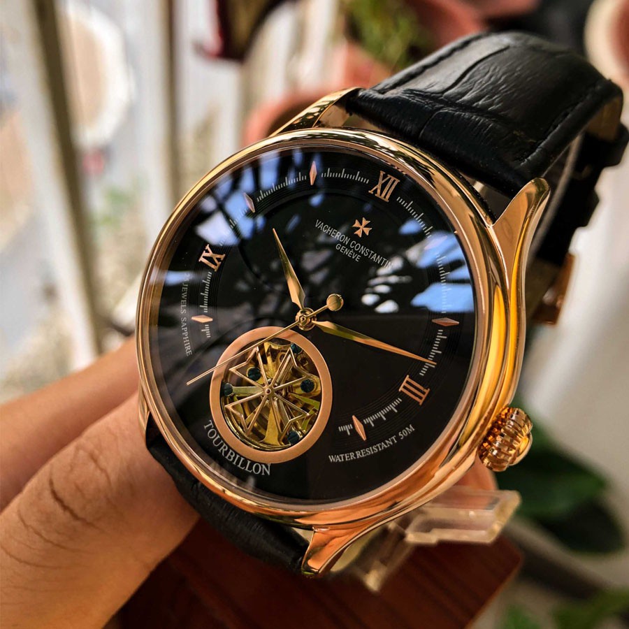 Đồng hồ Nam VaCheRn chạy cơ tự động 6kim máy Nhật trăng sao size 40-41 mặt đen vỏ vàng hồng