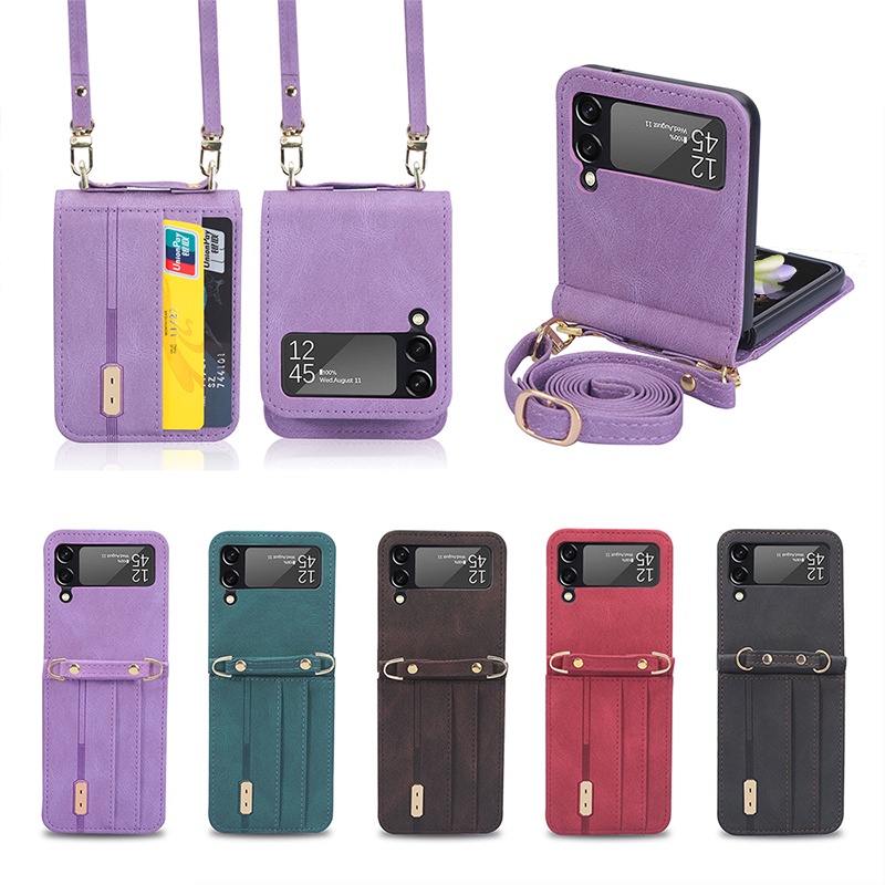 Shockproof Card Slot Leather Case for Samsung Galaxy Z Flip 4 5G Anti-Scratch Protective Phone Cover with Lanyard