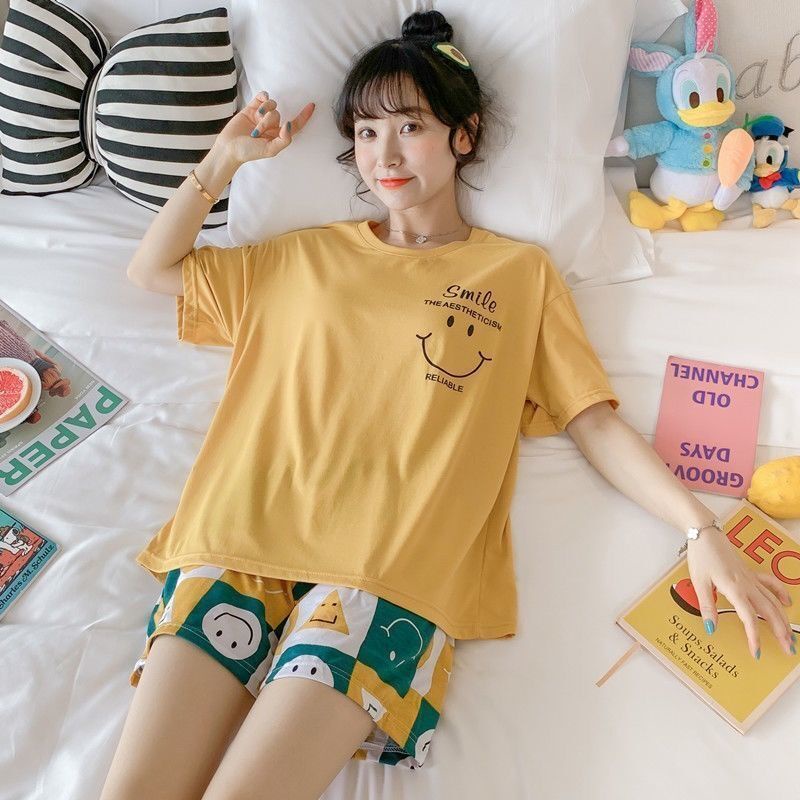 Bộ đồ ngủ tay ngắn và quần ngắn phong cách Nhật Bản dễ thương thời trang mùa hè cho nữ