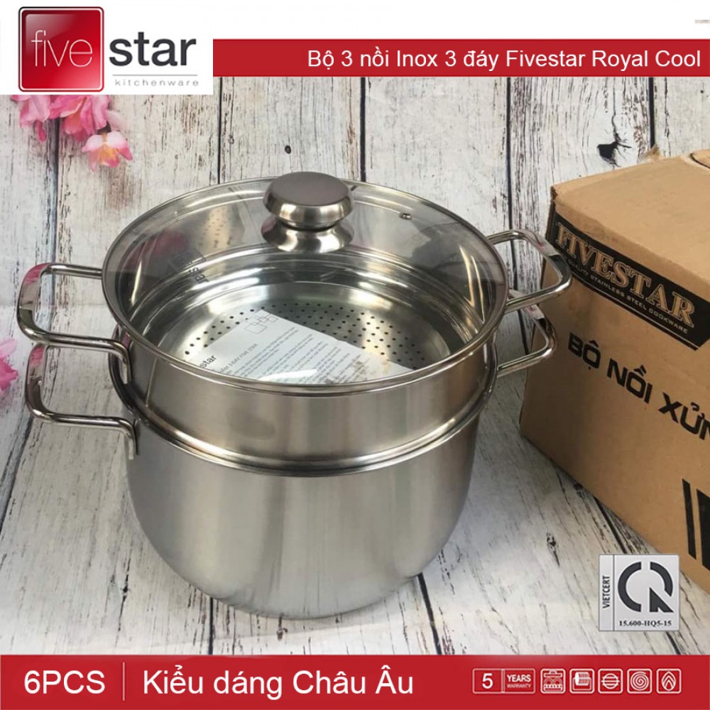 Bộ Nồi Xửng Hấp Inox 3 Đáy Fivestar- 30cm -16itl-Dùng Bếp Từ -Nắp Kính.-Nắp Inox - Bảo Hành 5 Năm Chính Hãng