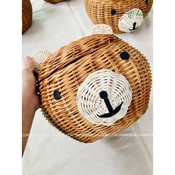 Giỏ Mây Đựng Đồ Hình Gấu, Phụ Kiện Decor Chụp Ảnh Cho Bé, Đồ Dùng Cho Bé; Giỏ Mây Tre Hình Gấu Cute