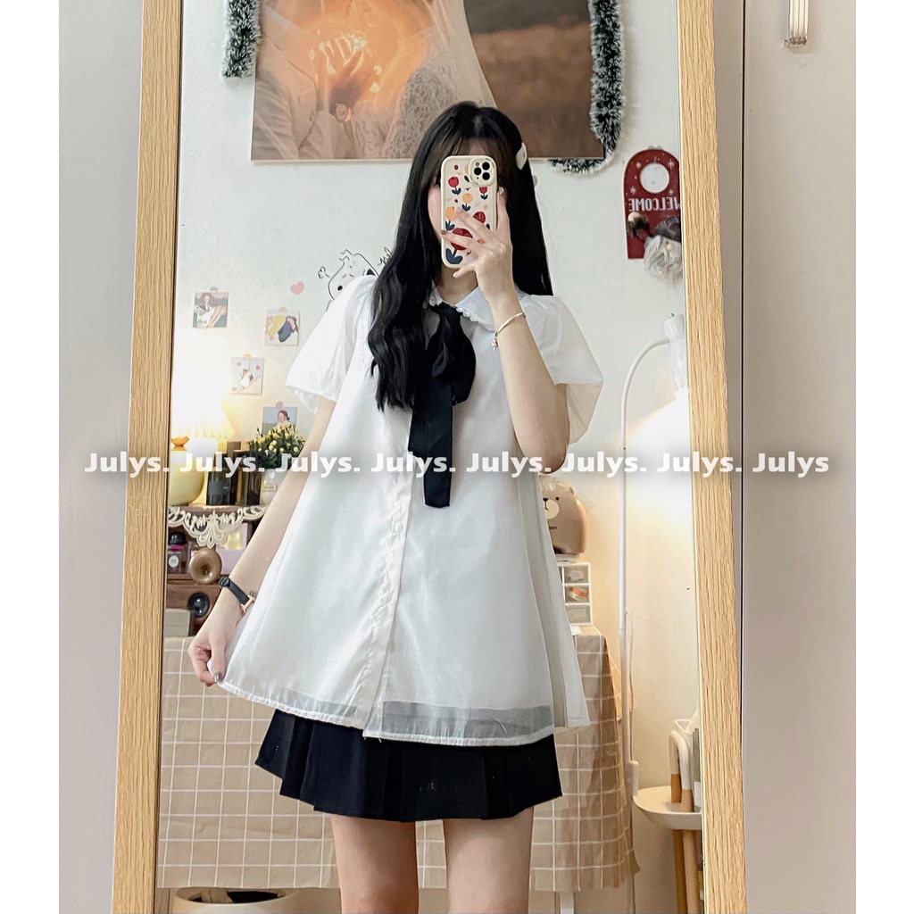 Áo babydoll tơ mềm nơ đen Julys (ảnh thật tự chụp kèm video)