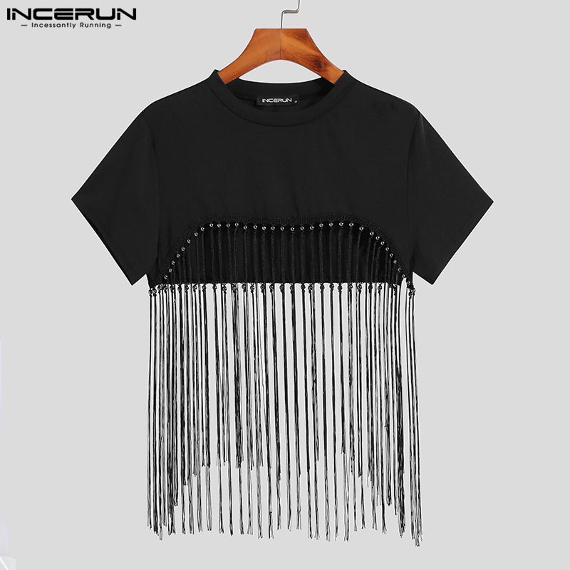 Áo thun INCERUN crop top tay ngắn phối tua rua gợi cảm cho nam