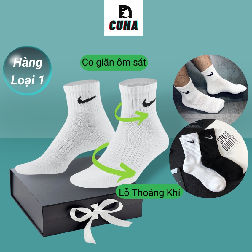 Vớ Cổ Cao CUNA Tất Nam Nữ Cao Thấp Cổ Dệt Kim Cao Cấp Unisex Màu Trắng Đen Nhún Thoáng Khí Dài Dày Thể Thao Đá Bóng NIK