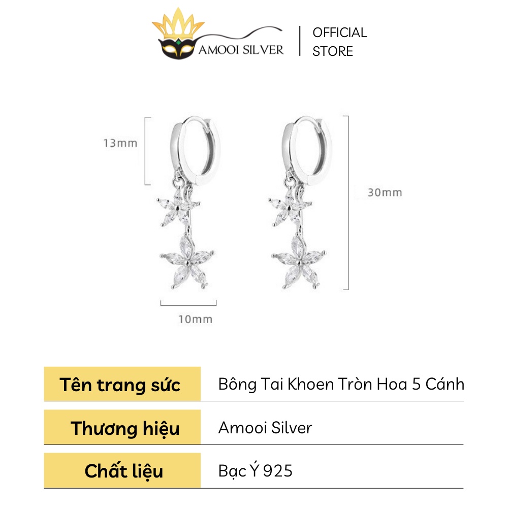 Bông Tai Bạc S925 Khoen Tròn Đôi Hoa 5 Cánh Đường Kính 9mm - Amooi Silver AB183