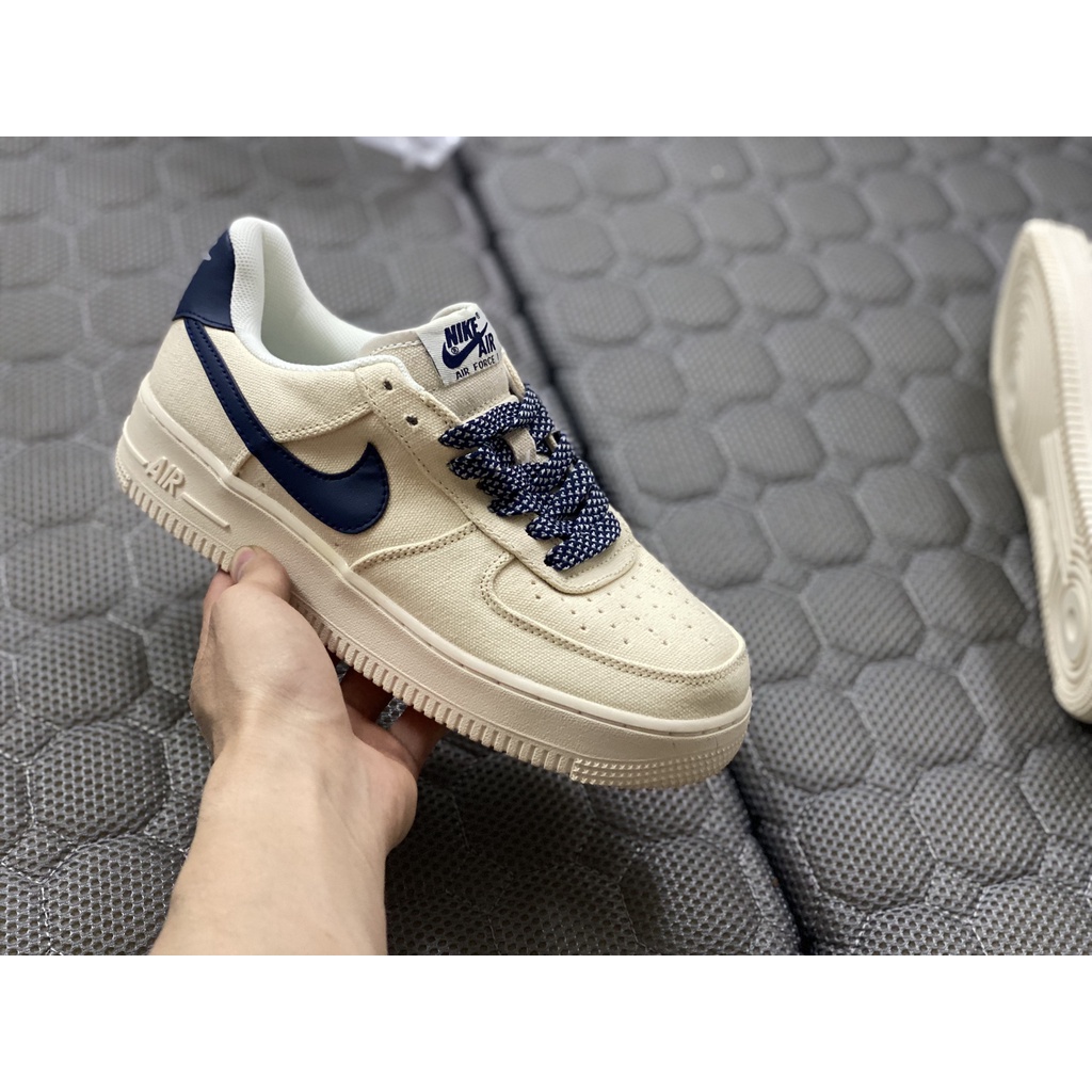 Giày AF1 Beige Deep blue vải G.a.i D.ầ.u- AF1 Màu Kem Kẻ Xanh Than Bản Cao Cấp