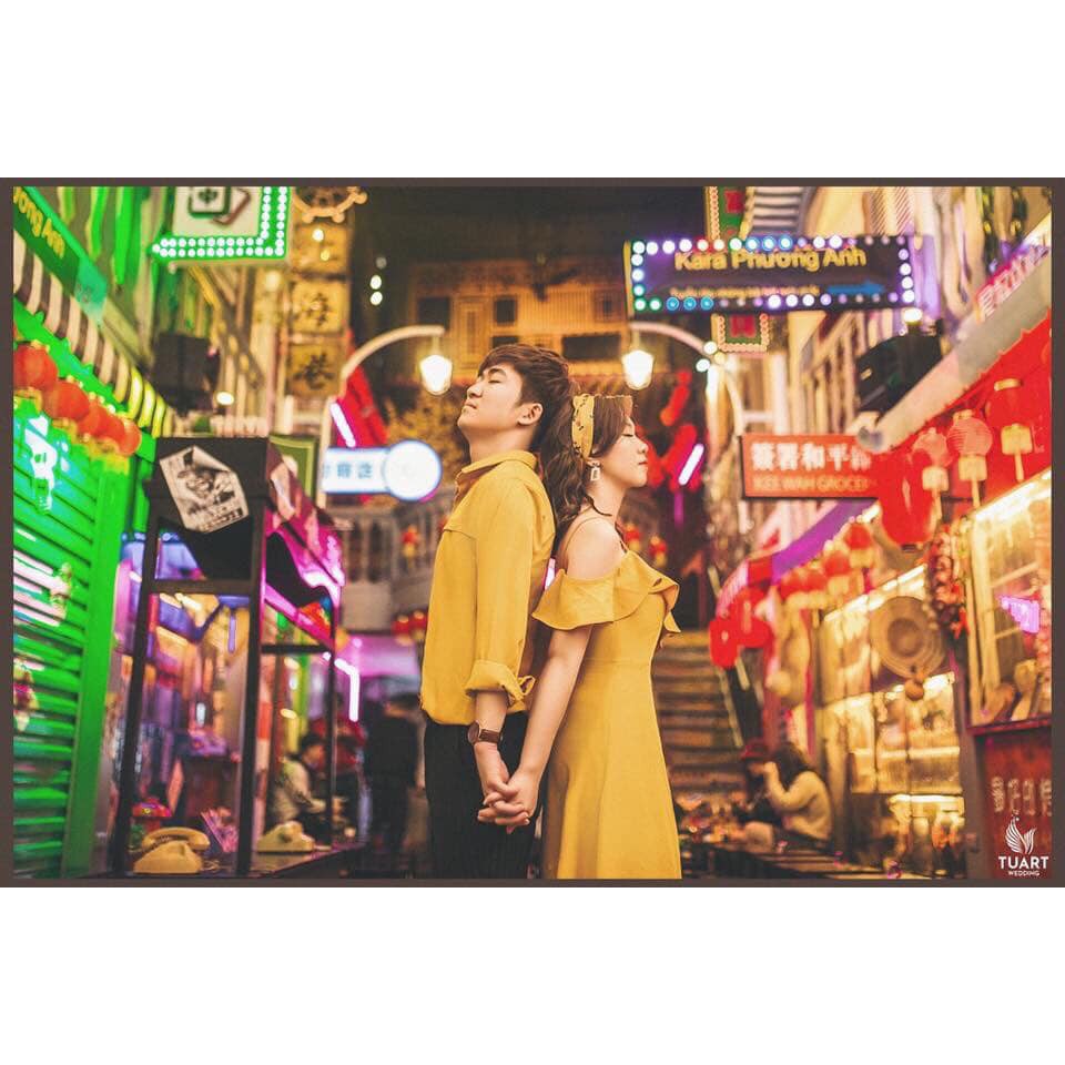 Áo đôi áo cặp 🎀FREESHIP🎀  Set váy nữ sơ mi nam cặp chụp cưới, dự tiệc, du lịch màu vàng đẹp - AV92