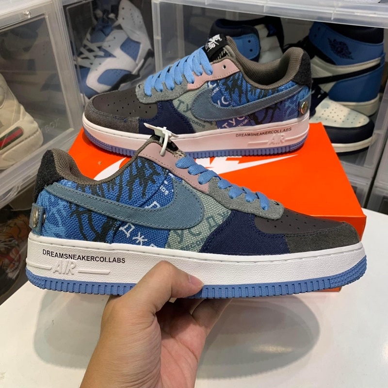 Giày Air. foce. thổ cẩm xanh blue thấp, Giầy Sneaker Nam Nữ AF1 Travis. Scott xanh mới