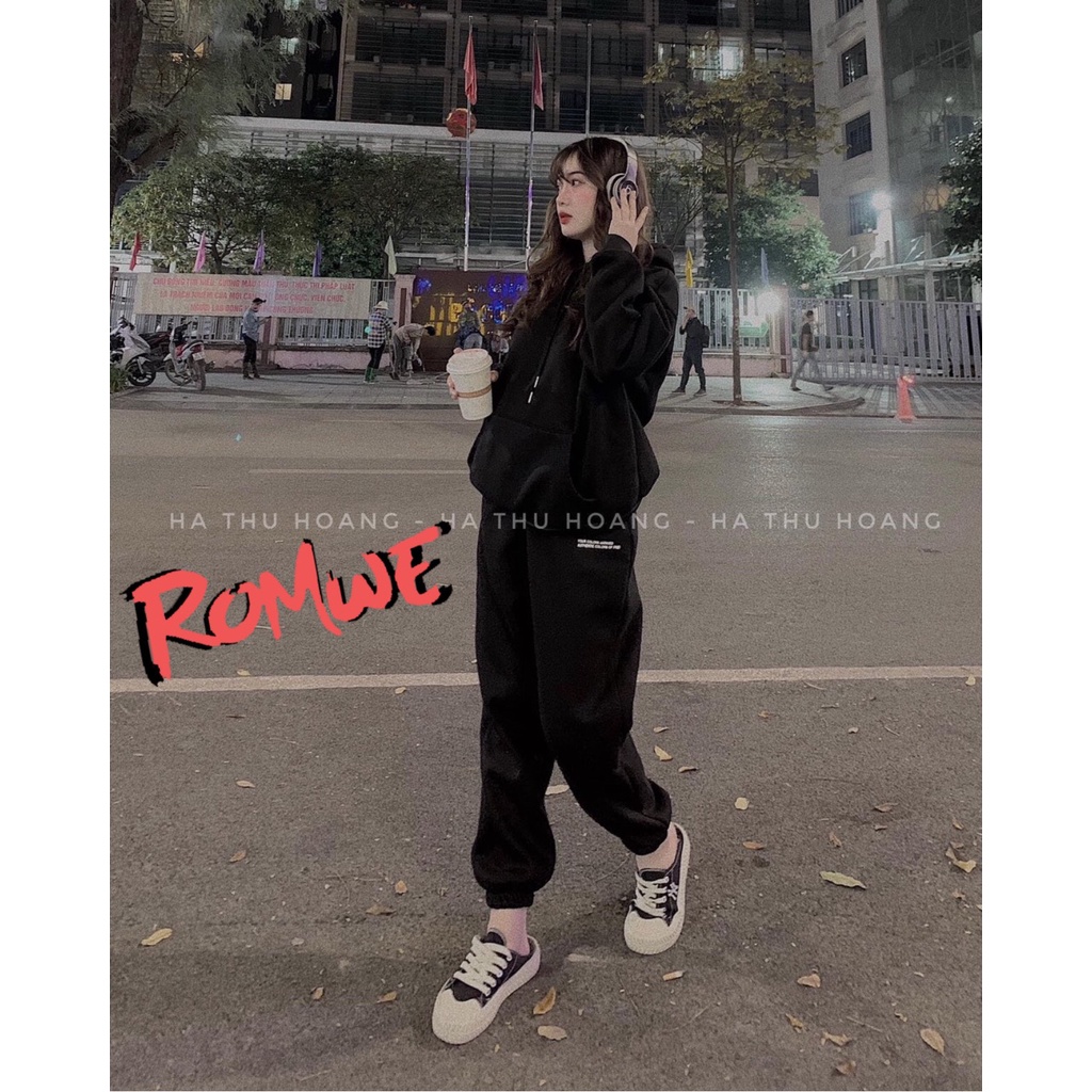 Bộ nỉ nữ hoodie romwe in chữ nhỏ tay dài form rộng màu đen, tím, trắng dáng ulzzang cá tính