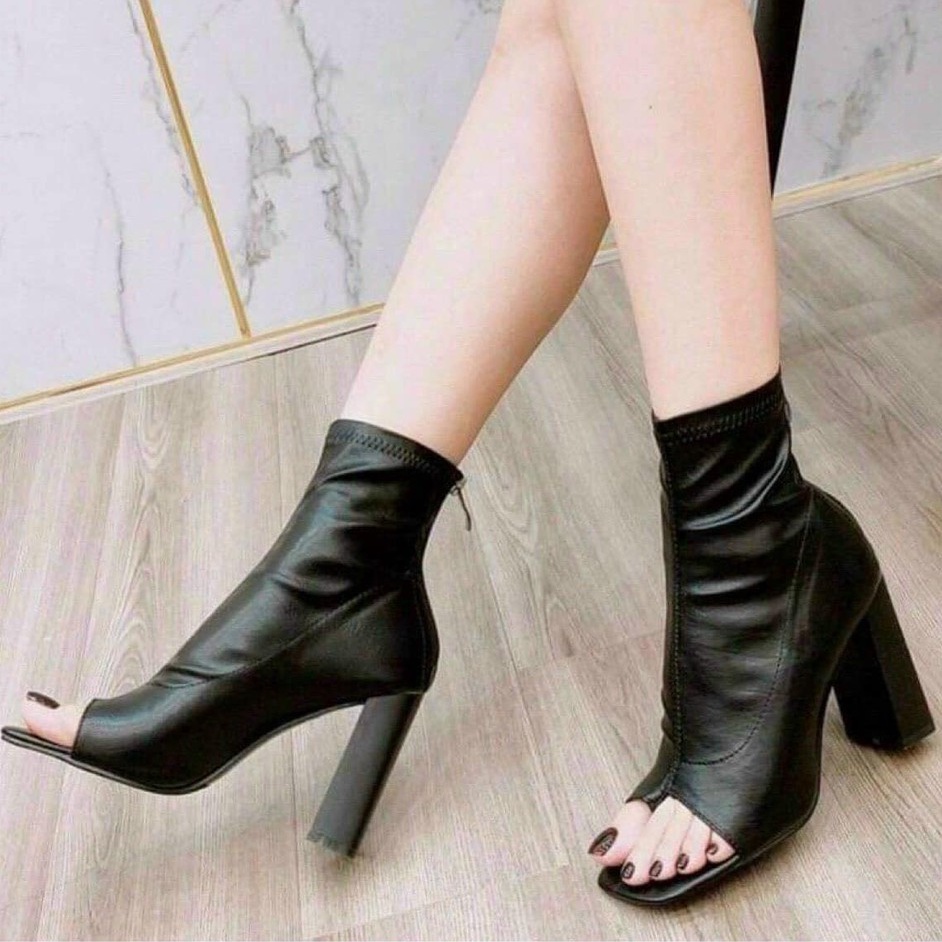 Bốt nữ hở mũi da lì xỏ ngón cao cấp khóa kéo sau thời trang công sở, bốt lửng nữ hở mũi cao gót 9 phân khóa kéo đi chơi