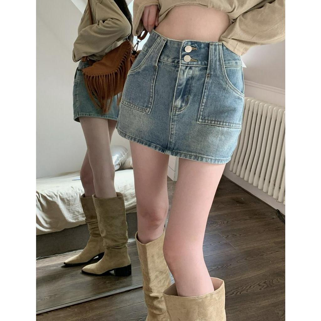 Chân Váy Denim Phối Nút Đôi Lưng Cao Phong Cách Retro Cá Tính 63792