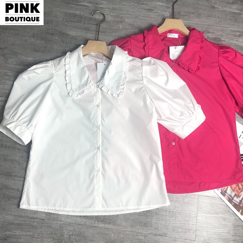 Áo Sơ Mi Trắng Nữ Đẹp Áo Kiểu Form Rộng Tay Ngắn Phồng Cổ Đức BèoThiết Kế PINK BOUTIQUE