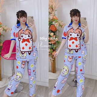 Đồ bộ bigsize pijama tay ngắn cổ trụ họa tiết dễ thương