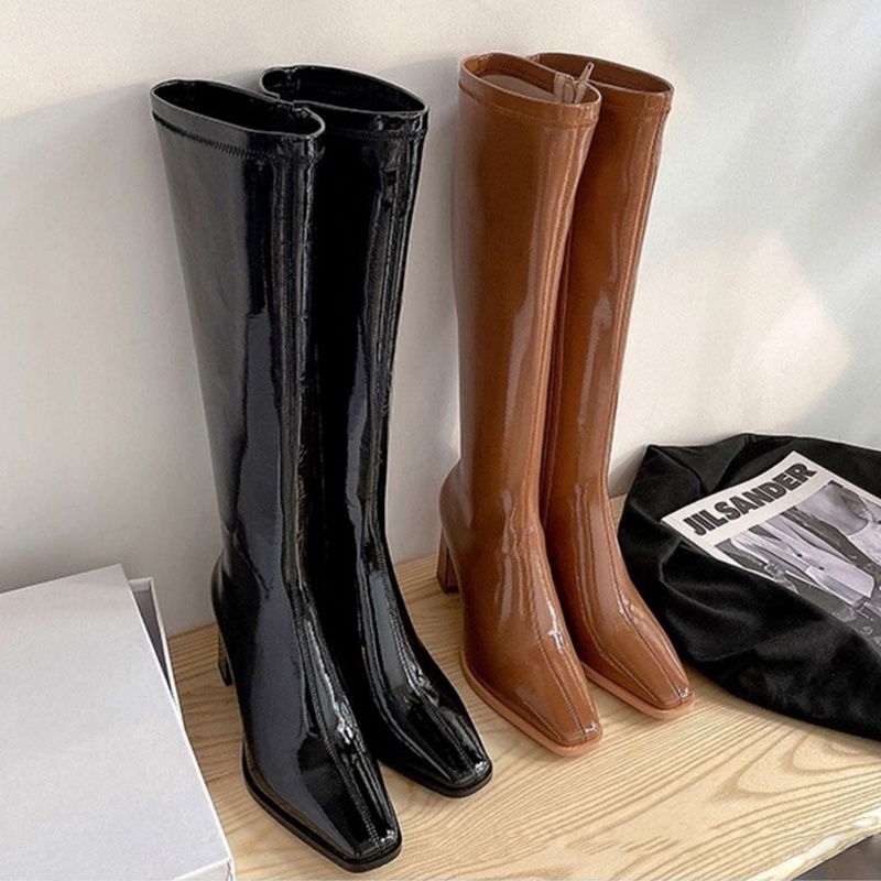 Giày Bốt Da Bóng Gót Dày Đầu Gối Mũi Vuông Có Khóa Kéo Bên Hông Thời Trang Cho Bạn Gái